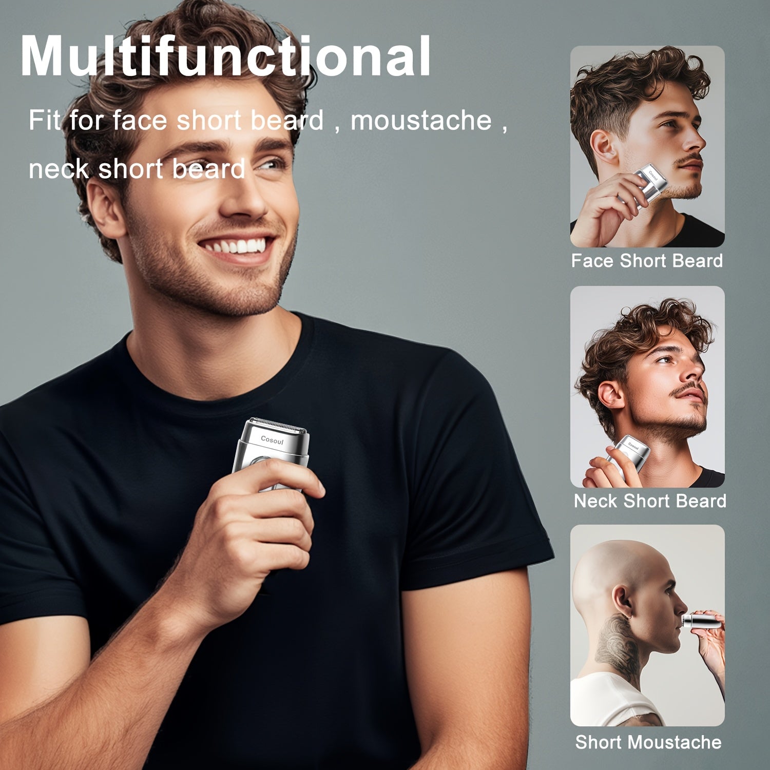 Cosoul Men's Electric Shaver with 3 Floating Blades, Fast-Charging USB-C, Long-Lasting 900mAh Battery (60 Min Runtime), Metal Alloy Body - Cordless Travel Shaver for Beard, Mustache, Neck - Ideal Gift for Men, Daily Grooming, Stylish Grooming Tool,
