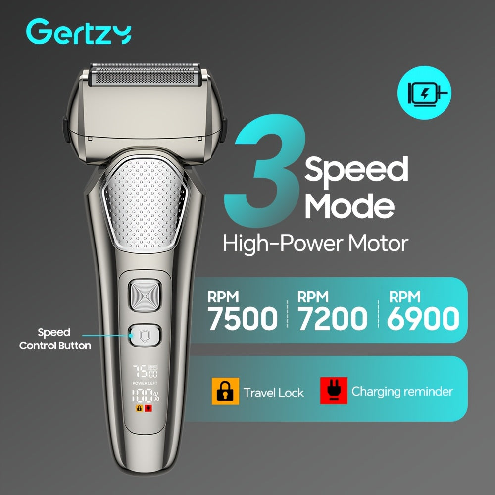 A perfect waterproof electric shaver for men as a gift, suitable for both dry and wet use, with adjustable gear and intelligent digital display. It features a pop-up sideburns blade design on the back and is a holiday gift