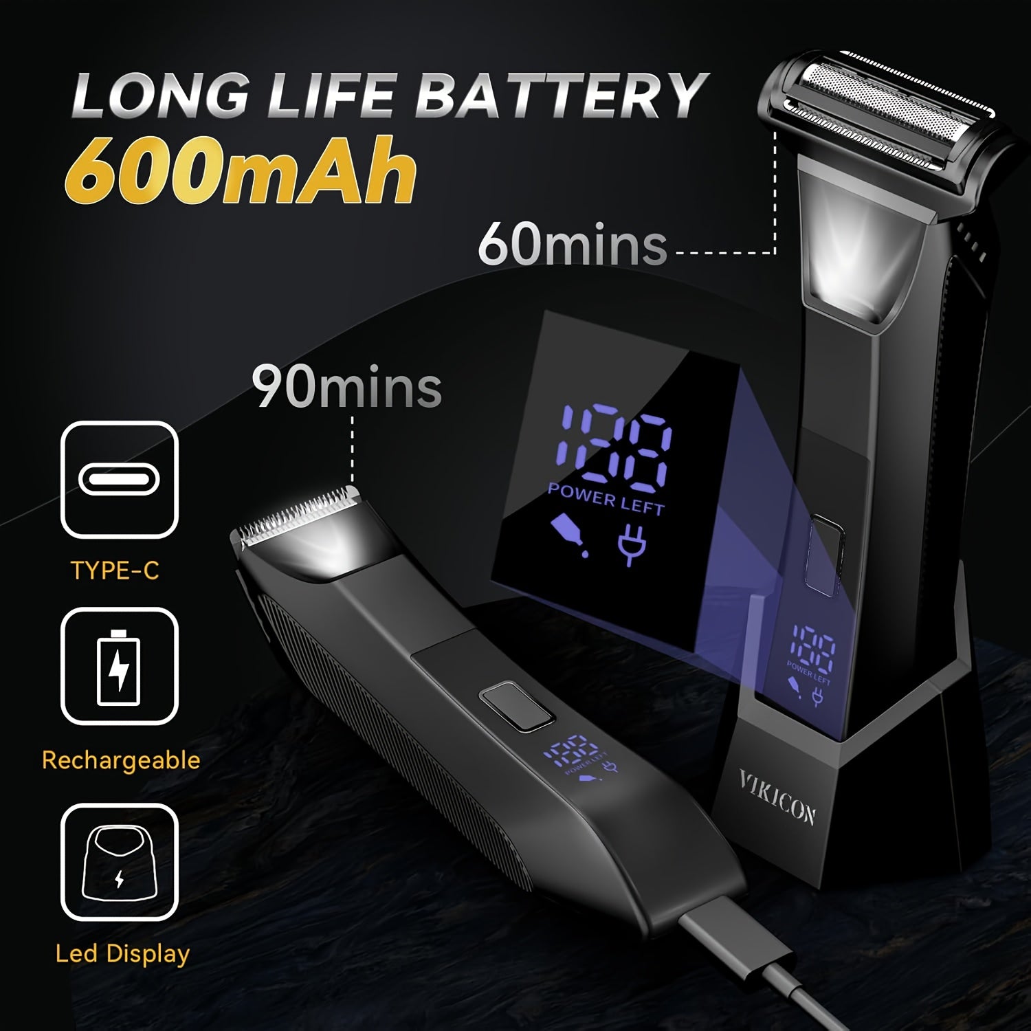 2-in-1 Body Hair Trimmer & Groin Shaver - Dual-Head, Smooth, Scratch-Free, Lightweight | USB Rechargeable, LED Display, 60+ Minutes Runtime, Stainless Steel Blades