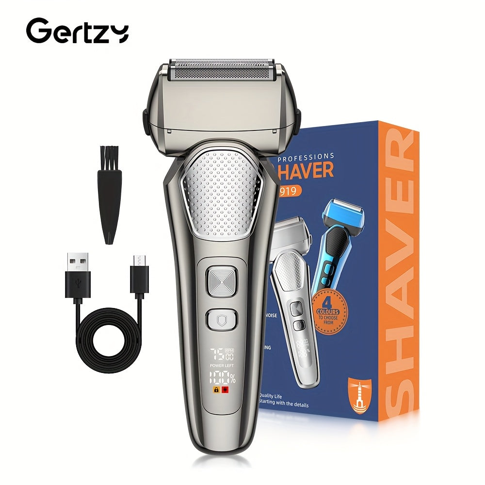 A perfect waterproof electric shaver for men as a gift, suitable for both dry and wet use, with adjustable gear and intelligent digital display. It features a pop-up sideburns blade design on the back and is a holiday gift