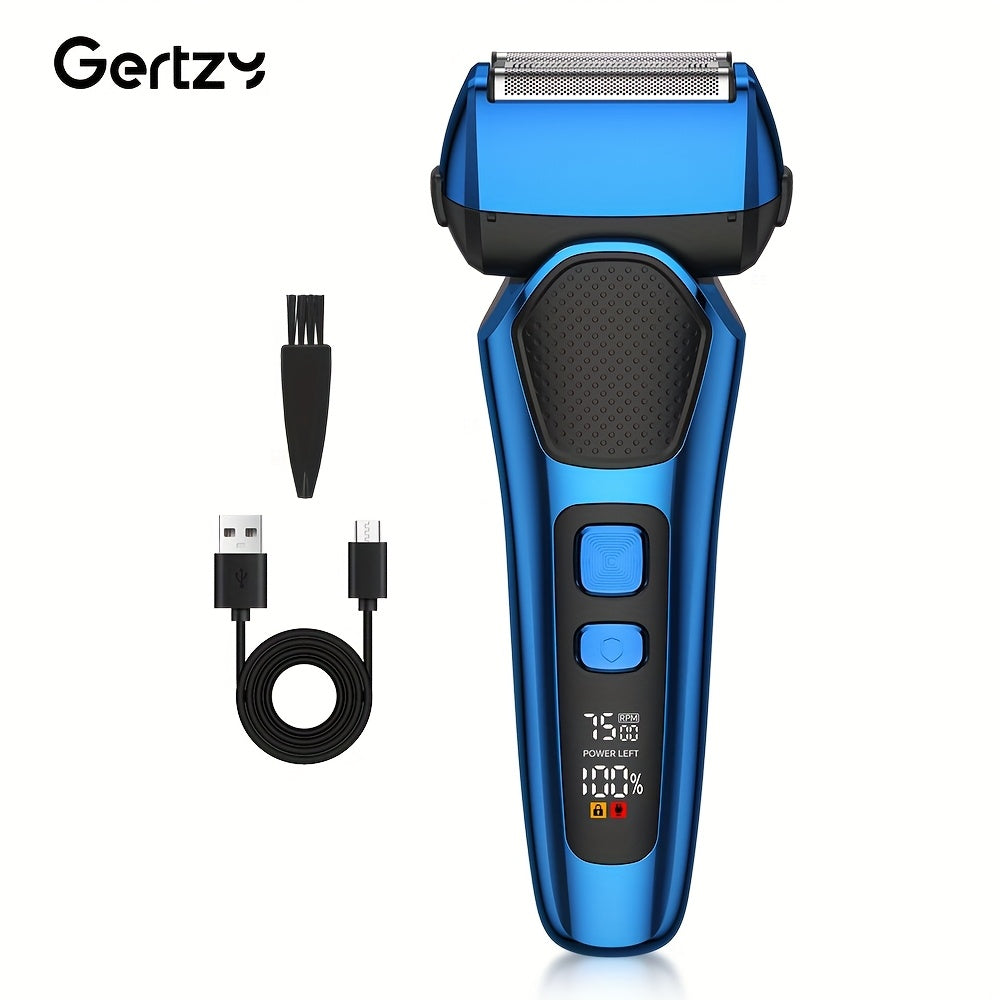 A perfect waterproof electric shaver for men as a gift, suitable for both dry and wet use, with adjustable gear and intelligent digital display. It features a pop-up sideburns blade design on the back and is a holiday gift