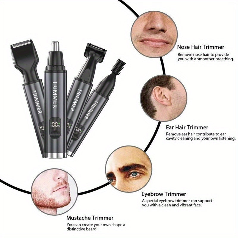 4-in-1 Rechargeable Electric Hair Trimmer, Suitable for Men and Women - Pain-Free Nose, Beard, Eyebrow, and Sideburn Shaver with USB Charging - Perfect Holiday Gift, Professional Beauty Kit, Ear Hair, Beard, and Eyebrow Razor, Men'S Personal Care Tool