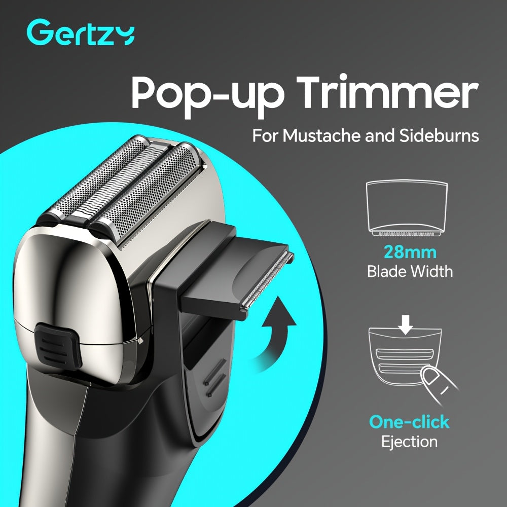 A perfect waterproof electric shaver for men as a gift, suitable for both dry and wet use, with adjustable gear and intelligent digital display. It features a pop-up sideburns blade design on the back and is a holiday gift