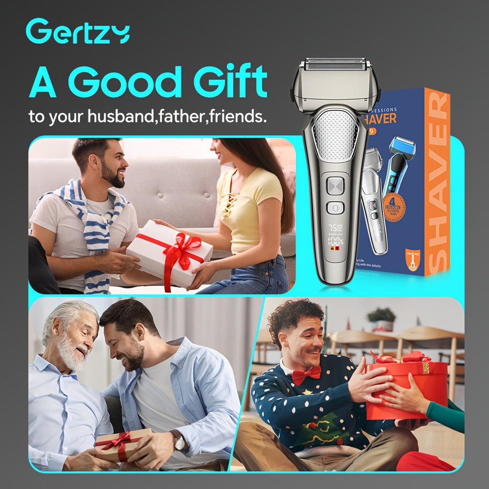 A perfect waterproof electric shaver for men as a gift, suitable for both dry and wet use, with adjustable gear and intelligent digital display. It features a pop-up sideburns blade design on the back and is a holiday gift