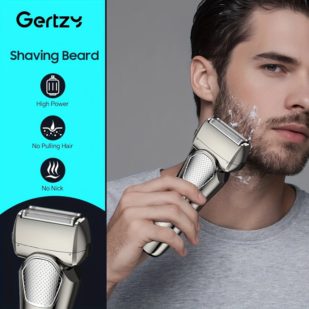 A perfect waterproof electric shaver for men as a gift, suitable for both dry and wet use, with adjustable gear and intelligent digital display. It features a pop-up sideburns blade design on the back and is a holiday gift