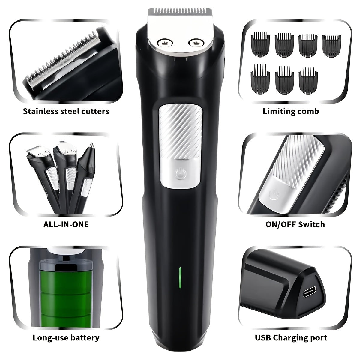 Professional 3-in-1 Wireless Electric Hair Clipper, Multi-Functional Adult Shaver, Nose Hair Trimmer with LED Light, USB Type C Charging, Rechargeable 600mAh Battery, One Touch Start, Washable Stainless Steel Razor, Long Battery Life >60 Minutes, Includes