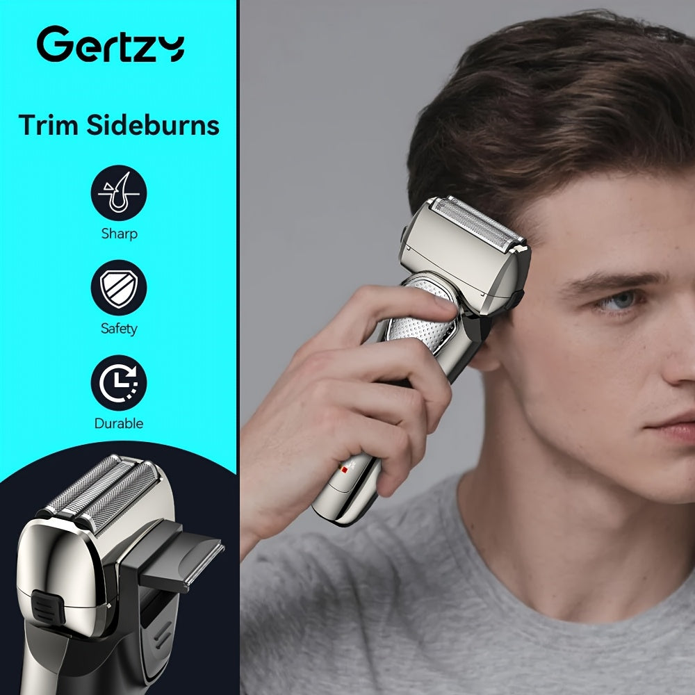 A perfect waterproof electric shaver for men as a gift, suitable for both dry and wet use, with adjustable gear and intelligent digital display. It features a pop-up sideburns blade design on the back and is a holiday gift