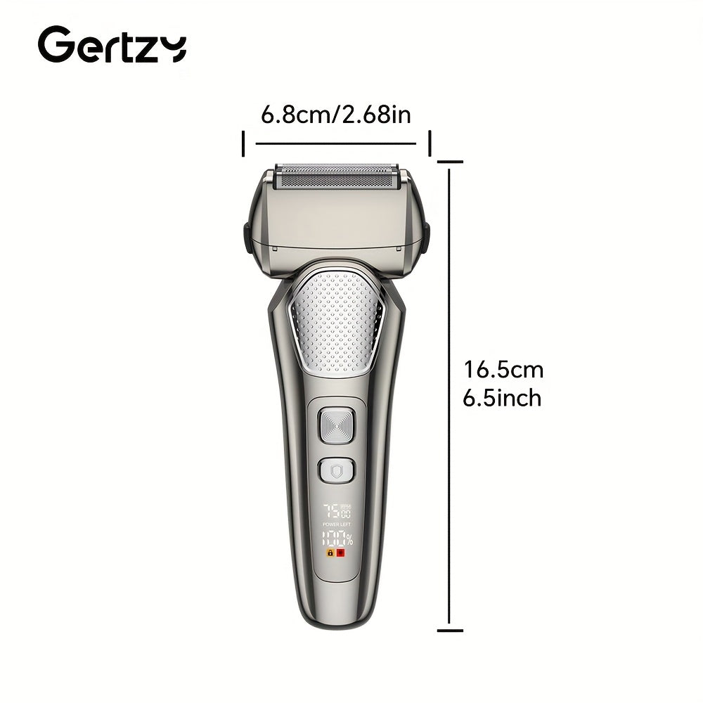 A perfect waterproof electric shaver for men as a gift, suitable for both dry and wet use, with adjustable gear and intelligent digital display. It features a pop-up sideburns blade design on the back and is a holiday gift