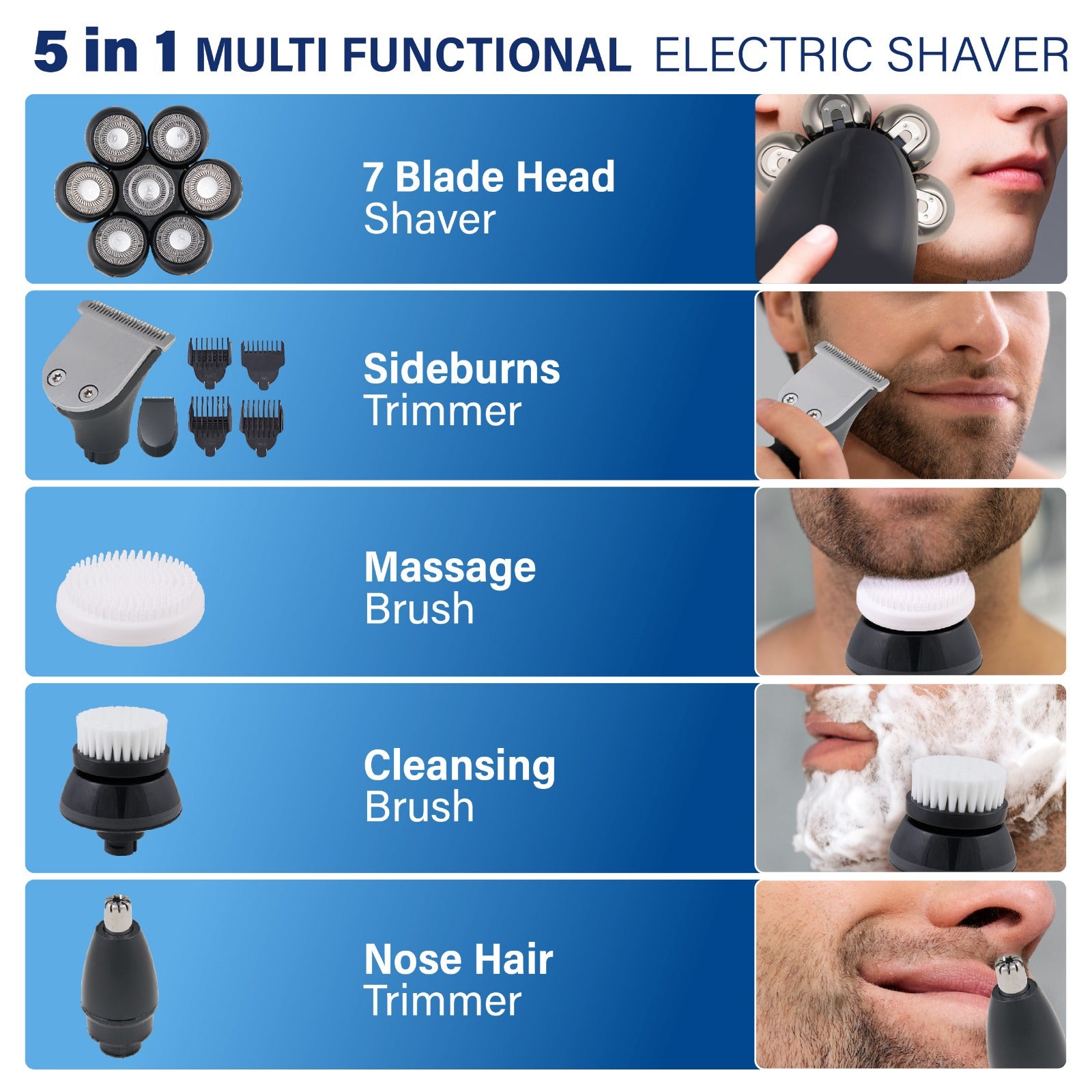 5-in-1 Bald Men's Shaver Kit: Electric Head Shaver, Clippers, sideburns trimmer, Nose Hair Trimmer, Massager Brush, cleaning brush - USB Rechargeable with 600mAh Lithium Battery