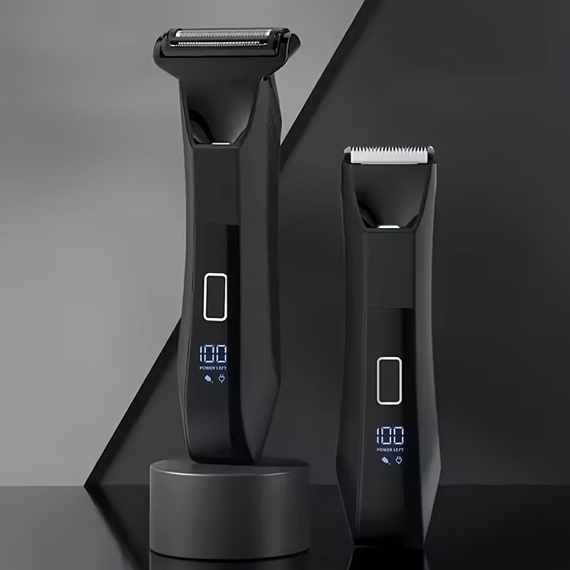 2-in-1 Body Hair Trimmer & Groin Shaver - Dual-Head, Smooth, Scratch-Free, Lightweight | USB Rechargeable, LED Display, 60+ Minutes Runtime, Stainless Steel Blades