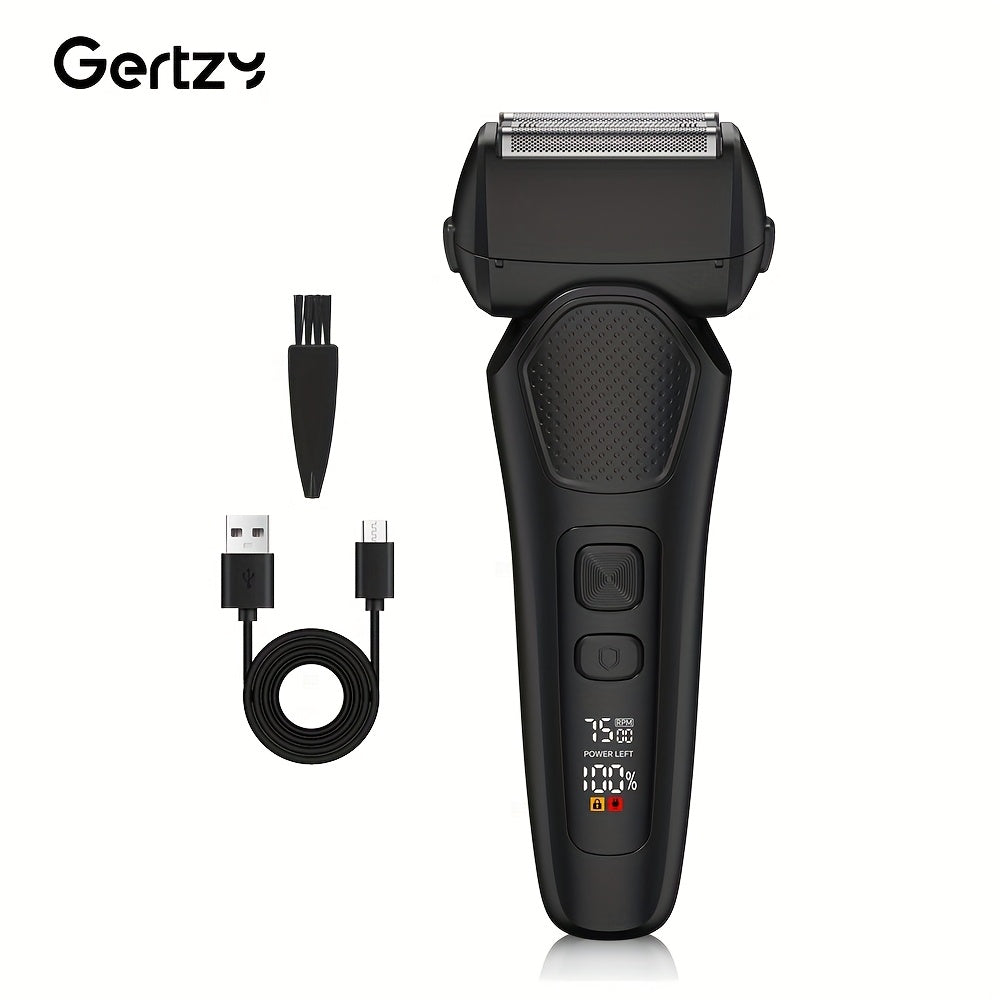 A perfect waterproof electric shaver for men as a gift, suitable for both dry and wet use, with adjustable gear and intelligent digital display. It features a pop-up sideburns blade design on the back and is a holiday gift