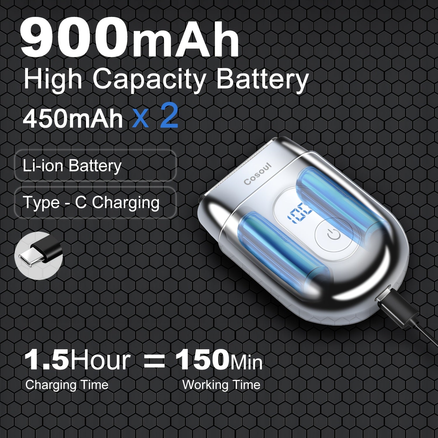 Cosoul Men's Electric Shaver with 3 Floating Blades, Fast-Charging USB-C, Long-Lasting 900mAh Battery (60 Min Runtime), Metal Alloy Body - Cordless Travel Shaver for Beard, Mustache, Neck - Ideal Gift for Men, Daily Grooming, Stylish Grooming Tool,