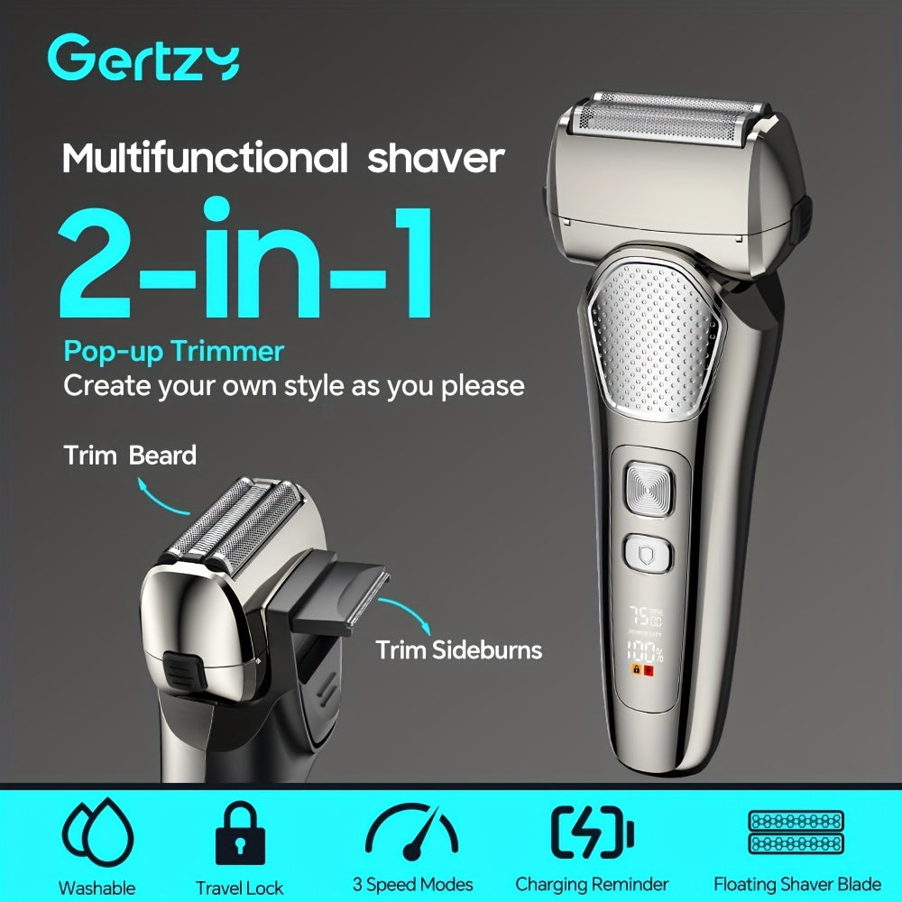A perfect waterproof electric shaver for men as a gift, suitable for both dry and wet use, with adjustable gear and intelligent digital display. It features a pop-up sideburns blade design on the back and is a holiday gift