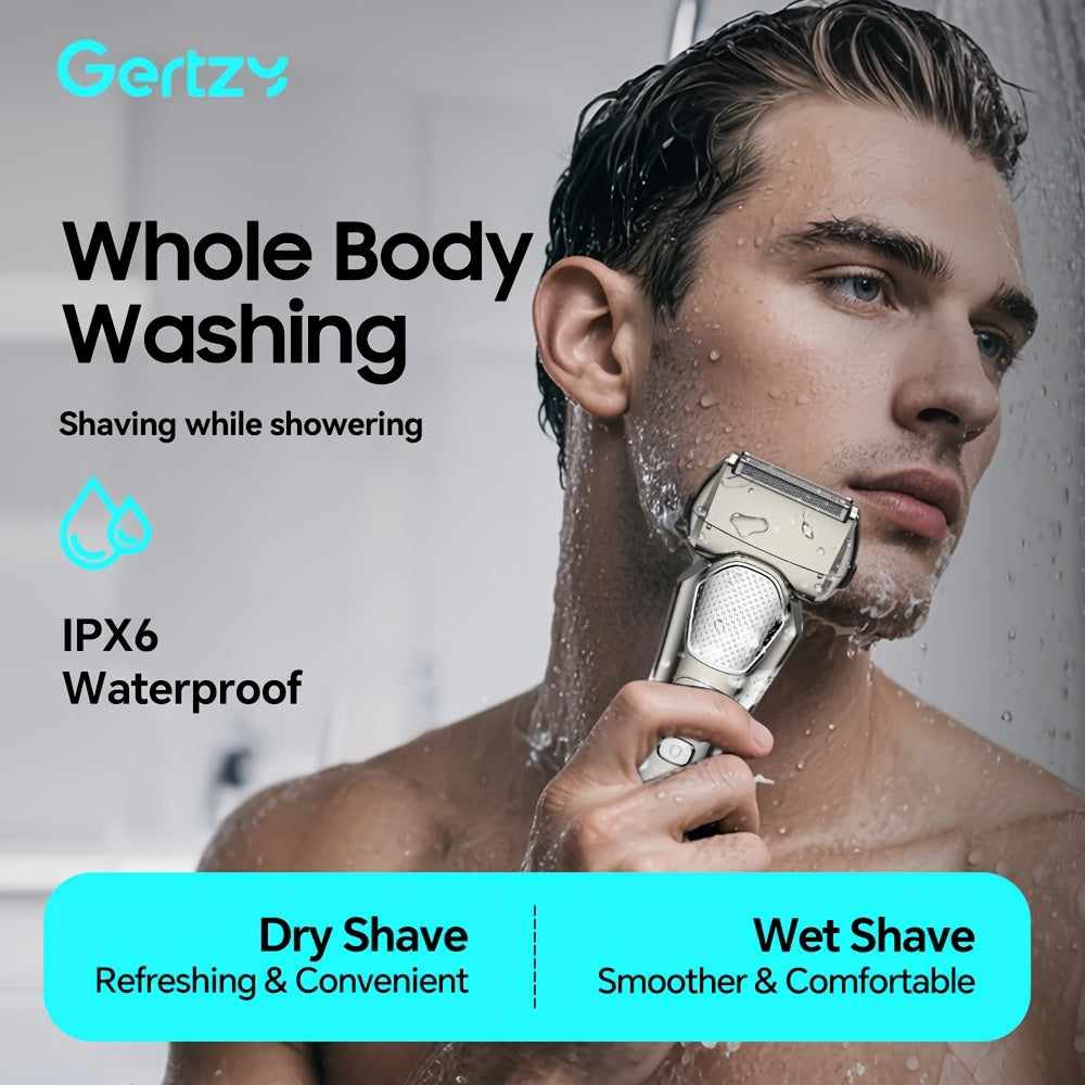 A perfect waterproof electric shaver for men as a gift, suitable for both dry and wet use, with adjustable gear and intelligent digital display. It features a pop-up sideburns blade design on the back and is a holiday gift