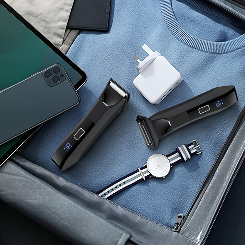 2-in-1 Body Hair Trimmer & Groin Shaver - Dual-Head, Smooth, Scratch-Free, Lightweight | USB Rechargeable, LED Display, 60+ Minutes Runtime, Stainless Steel Blades