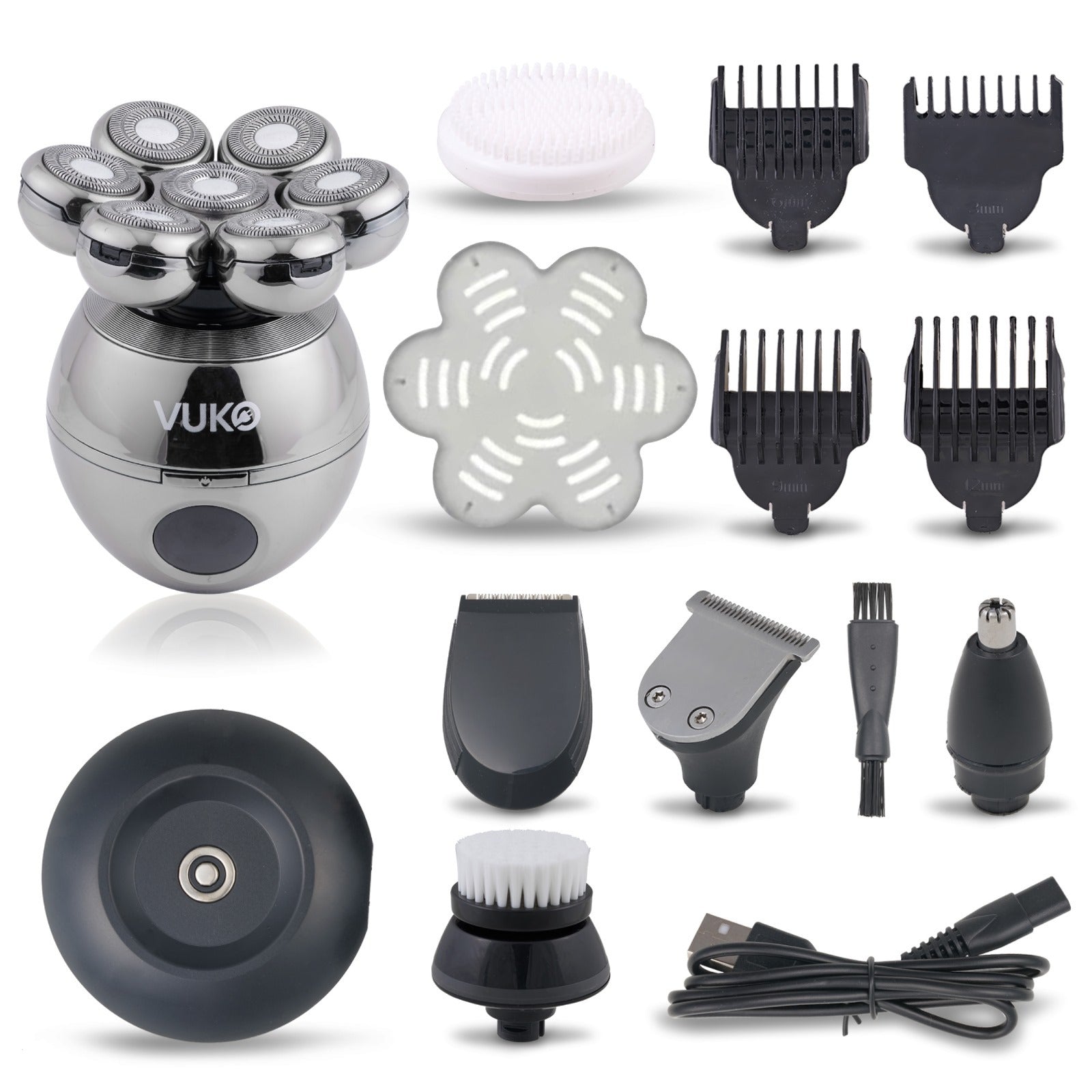 5-in-1 Bald Men's Shaver Kit: Electric Head Shaver, Clippers, sideburns trimmer, Nose Hair Trimmer, Massager Brush, cleaning brush - USB Rechargeable with 600mAh Lithium Battery