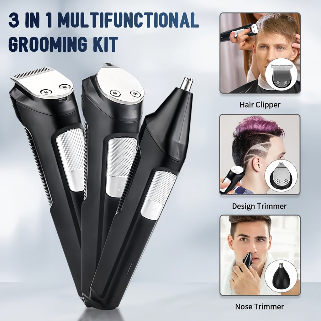 Professional 3-in-1 Wireless Electric Hair Clipper, Multi-Functional Adult Shaver, Nose Hair Trimmer with LED Light, USB Type C Charging, Rechargeable 600mAh Battery, One Touch Start, Washable Stainless Steel Razor, Long Battery Life >60 Minutes, Includes