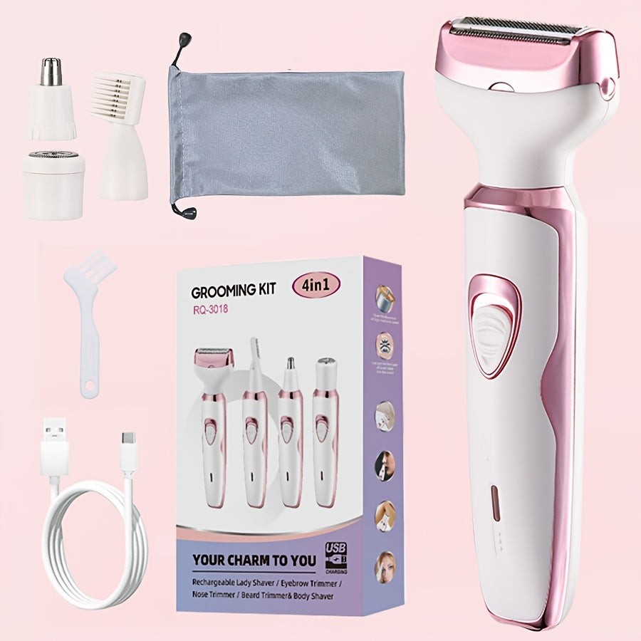 [4 in 1 Lady Shaver] 4 in 1 Multi-Function Electric Lady Shaver, 500mAh Rechargeable Lithium Battery | Women's Electric Hair Remover Set for Bikini, Eyebrows, Nose, Face, Legs, Arm, Underarm | The Best Mother's Day Gift