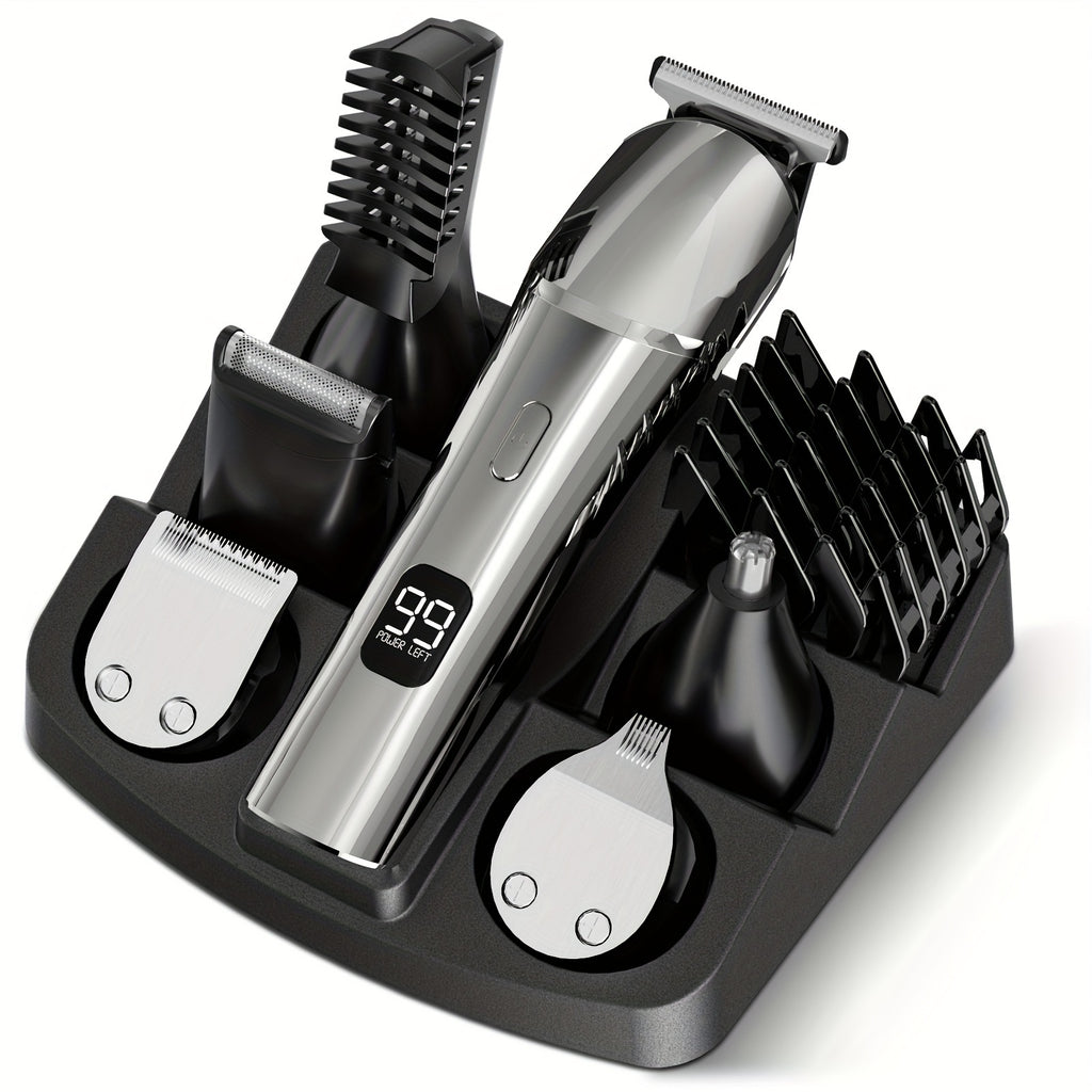 Cordless USB Rechargeable 10-in-1 Men's Grooming Kit - Beard Trimmer, Hair Clippers, Body & Nose Hair Trimmer with Precision Blades, 600mAh Lithium Battery - Ideal Gift for Him, Includes Charging Stand, Barber Accessories