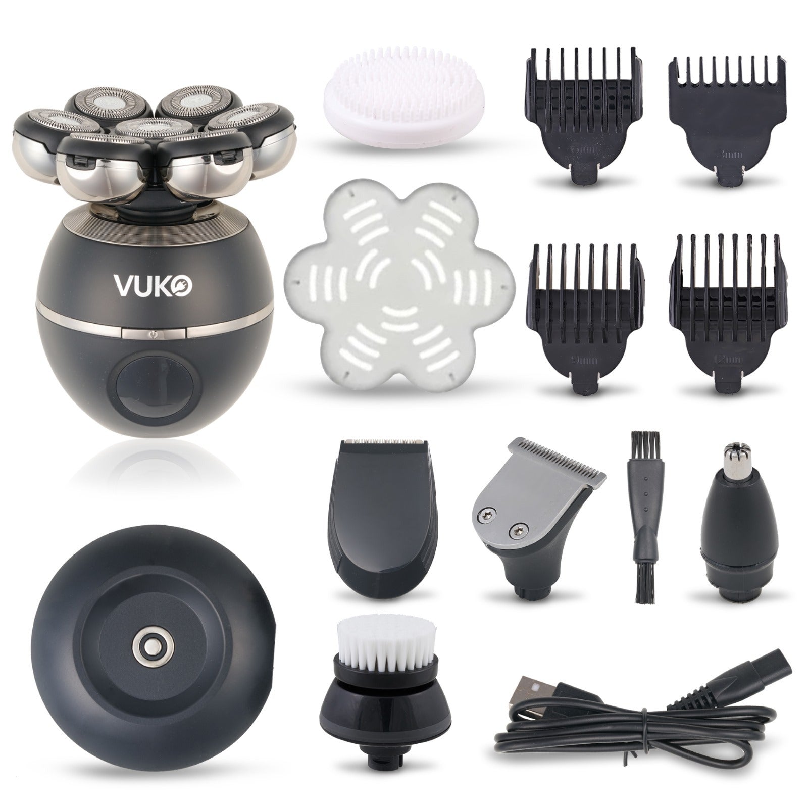 5-in-1 Bald Men's Shaver Kit: Electric Head Shaver, Clippers, sideburns trimmer, Nose Hair Trimmer, Massager Brush, cleaning brush - USB Rechargeable with 600mAh Lithium Battery