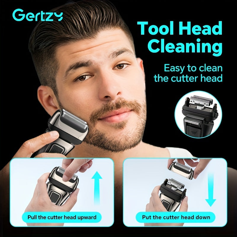[Rechargeable Shaver] GERTZY Rechargeable Men's Shaver | USB, Lithium Battery, 3 Net Cartridges, Washable, Digital Display, Sideburn Trimmer - Ideal Father's Day Gift