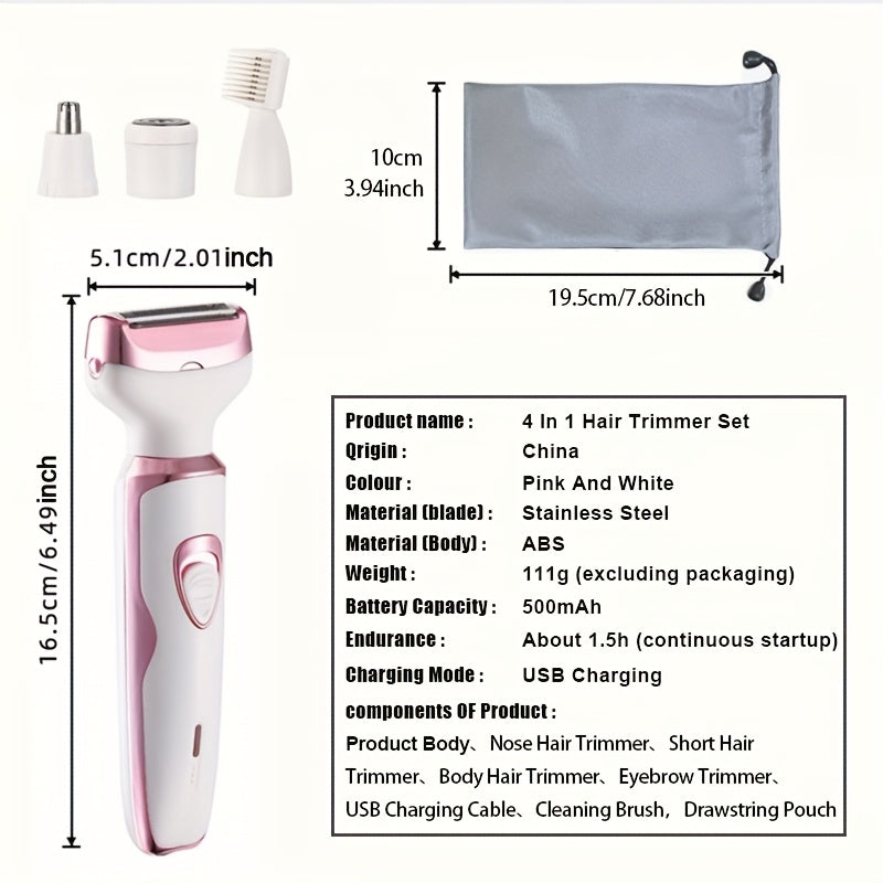 [4 in 1 Lady Shaver] 4 in 1 Multi-Function Electric Lady Shaver, 500mAh Rechargeable Lithium Battery | Women's Electric Hair Remover Set for Bikini, Eyebrows, Nose, Face, Legs, Arm, Underarm | The Best Mother's Day Gift