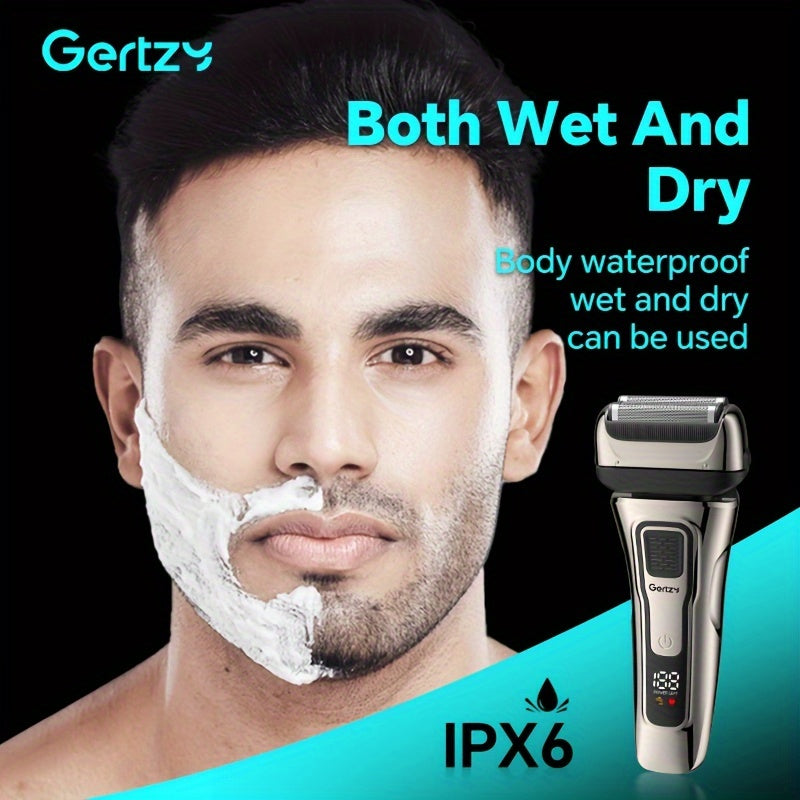 [Rechargeable Shaver] GERTZY Rechargeable Men's Shaver | USB, Lithium Battery, 3 Net Cartridges, Washable, Digital Display, Sideburn Trimmer - Ideal Father's Day Gift