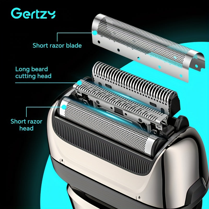 [Rechargeable Shaver] GERTZY Rechargeable Men's Shaver | USB, Lithium Battery, 3 Net Cartridges, Washable, Digital Display, Sideburn Trimmer - Ideal Father's Day Gift