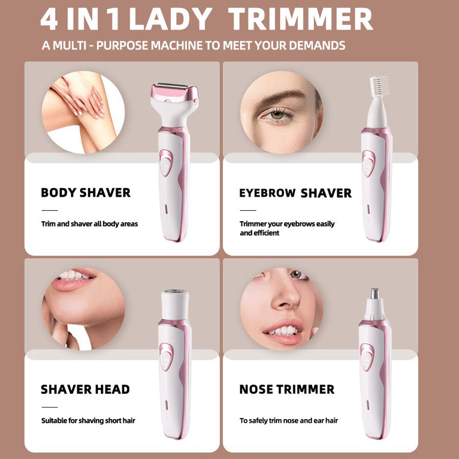 [4 in 1 Lady Shaver] 4 in 1 Multi-Function Electric Lady Shaver, 500mAh Rechargeable Lithium Battery | Women's Electric Hair Remover Set for Bikini, Eyebrows, Nose, Face, Legs, Arm, Underarm | The Best Mother's Day Gift