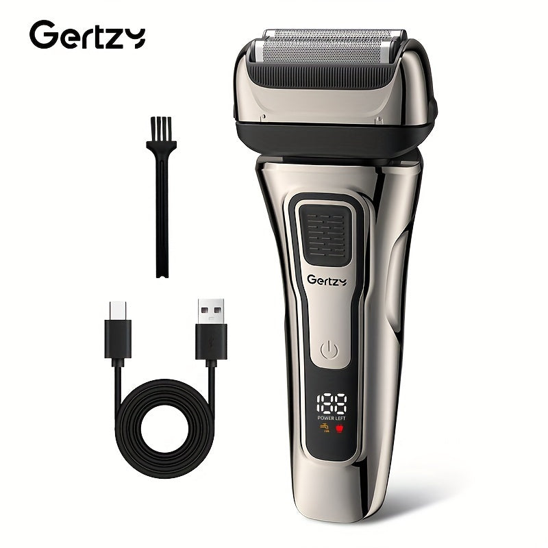 [Rechargeable Shaver] GERTZY Rechargeable Men's Shaver | USB, Lithium Battery, 3 Net Cartridges, Washable, Digital Display, Sideburn Trimmer - Ideal Father's Day Gift
