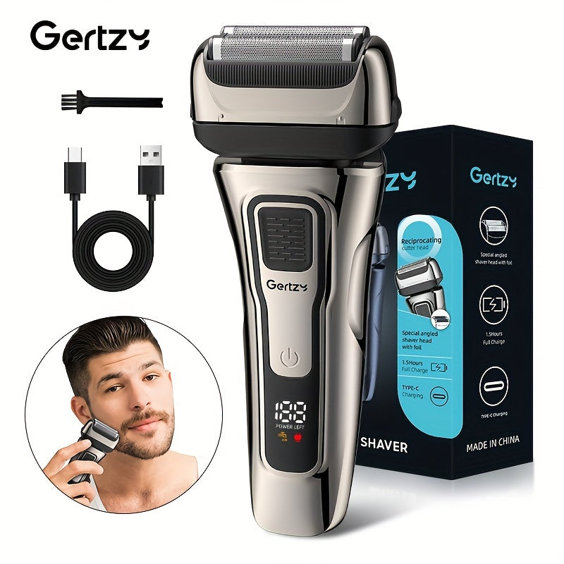 [Rechargeable Shaver] GERTZY Rechargeable Men's Shaver | USB, Lithium Battery, 3 Net Cartridges, Washable, Digital Display, Sideburn Trimmer - Ideal Father's Day Gift