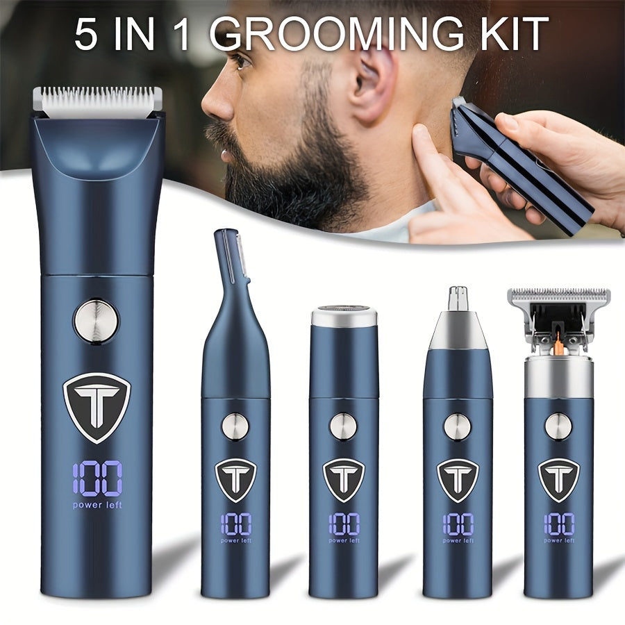 [5-in-1 Men's Body Trimmer] 5-in-1 Professional Body Hair Trimmer for Men | USB Rechargeable Electric Shaver with Replaceable Ceramic Blades, Ergonomic Design for Face, Neck, Chest & Back Grooming | Includes Shaver, Clipper, Nose Hair Trimmer & Eyebrow