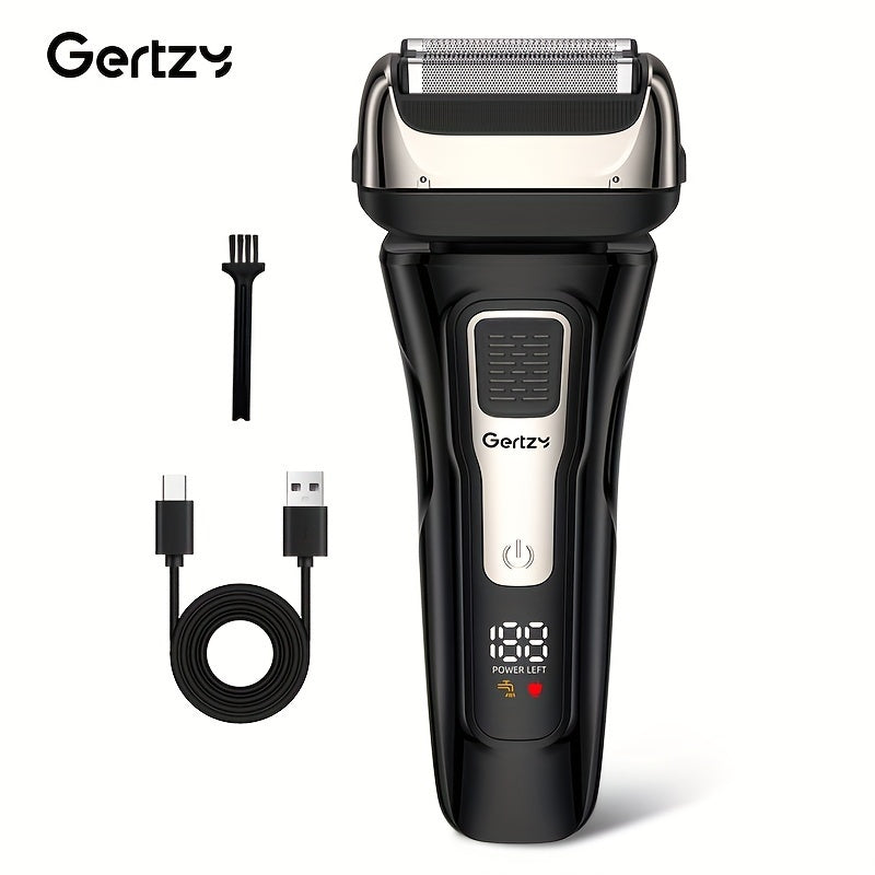 [Rechargeable Shaver] GERTZY Rechargeable Men's Shaver | USB, Lithium Battery, 3 Net Cartridges, Washable, Digital Display, Sideburn Trimmer - Ideal Father's Day Gift