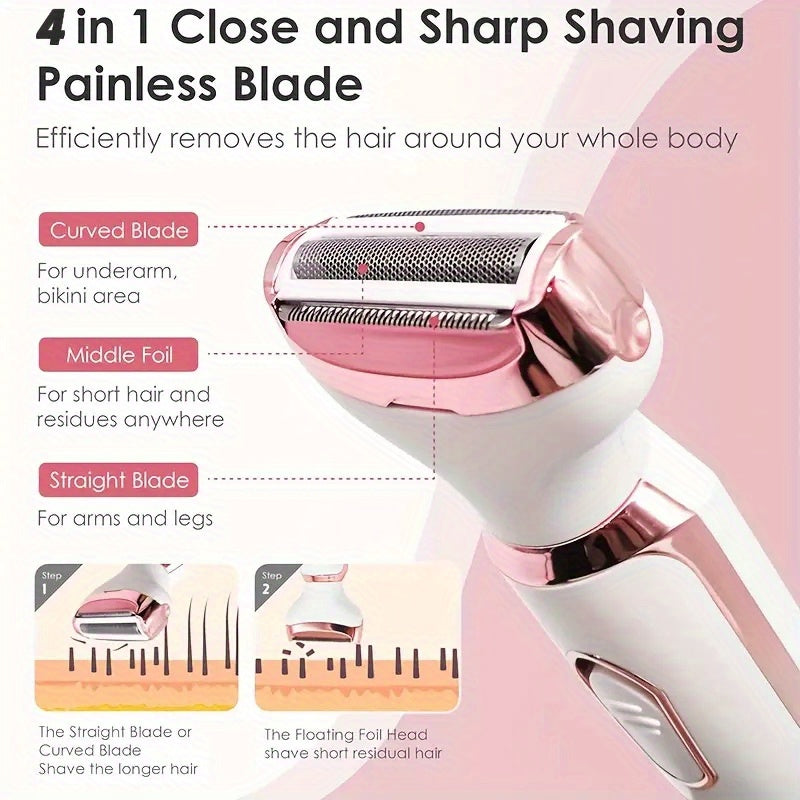 [4 in 1 Lady Shaver] 4 in 1 Multi-Function Electric Lady Shaver, 500mAh Rechargeable Lithium Battery | Women's Electric Hair Remover Set for Bikini, Eyebrows, Nose, Face, Legs, Arm, Underarm | The Best Mother's Day Gift