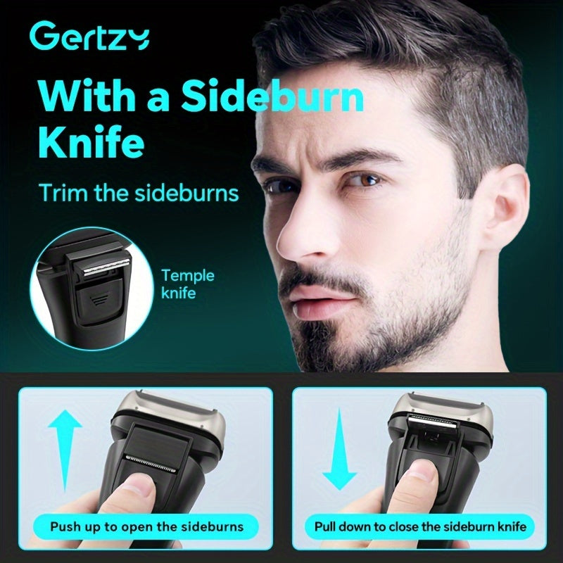 [Rechargeable Shaver] GERTZY Rechargeable Men's Shaver | USB, Lithium Battery, 3 Net Cartridges, Washable, Digital Display, Sideburn Trimmer - Ideal Father's Day Gift
