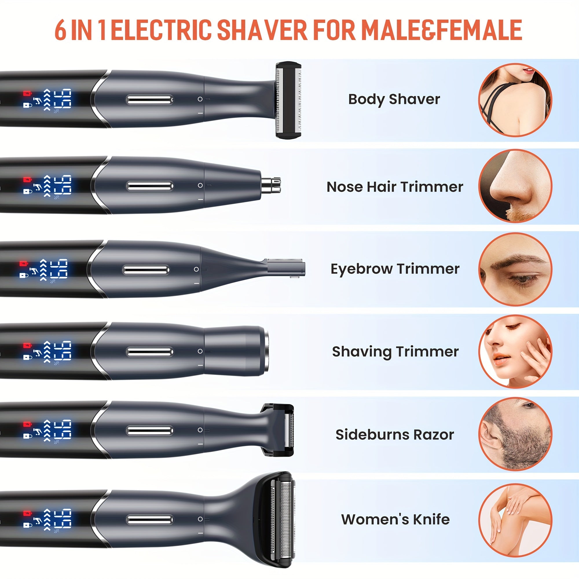 [6 in 1 Trimmer] 6 in 1 Function Trimmer, 1 Handle+6 Different Function Blades | Women's Bikini Trimmer, Body and Face Electric Shaver, Eyebrow, Ear and Nose Hair Shaver, Wet and Dry Dual-Use Beautician