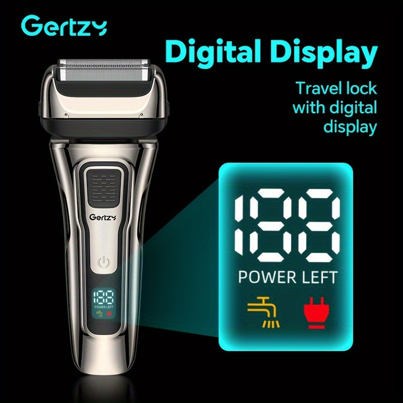 [Rechargeable Shaver] GERTZY Rechargeable Men's Shaver | USB, Lithium Battery, 3 Net Cartridges, Washable, Digital Display, Sideburn Trimmer - Ideal Father's Day Gift