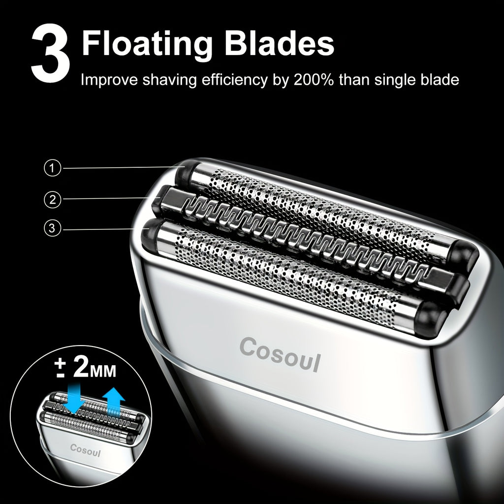 Cosoul Men's Electric Shaver with 3 Floating Blades, Fast-Charging USB-C, Long-Lasting 900mAh Battery (60 Min Runtime), Metal Alloy Body - Cordless Travel Shaver for Beard, Mustache, Neck - Ideal Gift for Men, Daily Grooming, Stylish Grooming Tool,