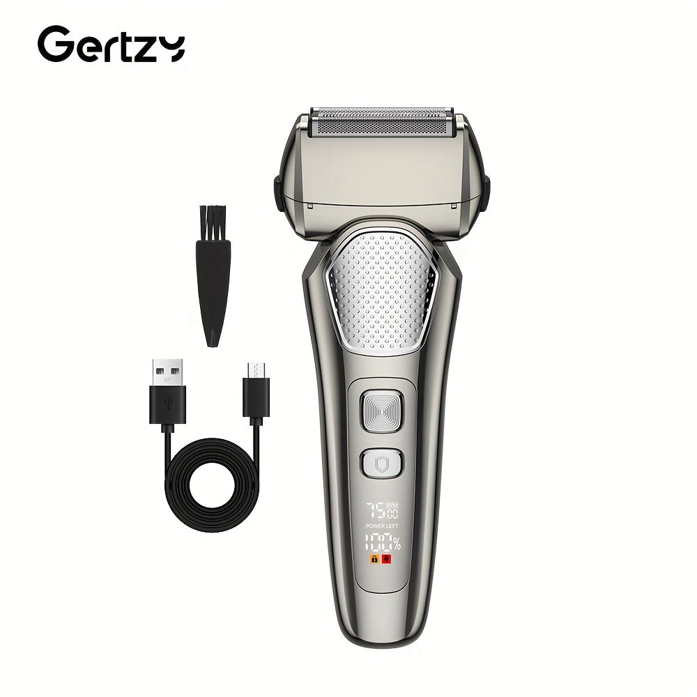 A perfect waterproof electric shaver for men as a gift, suitable for both dry and wet use, with adjustable gear and intelligent digital display. It features a pop-up sideburns blade design on the back and is a holiday gift